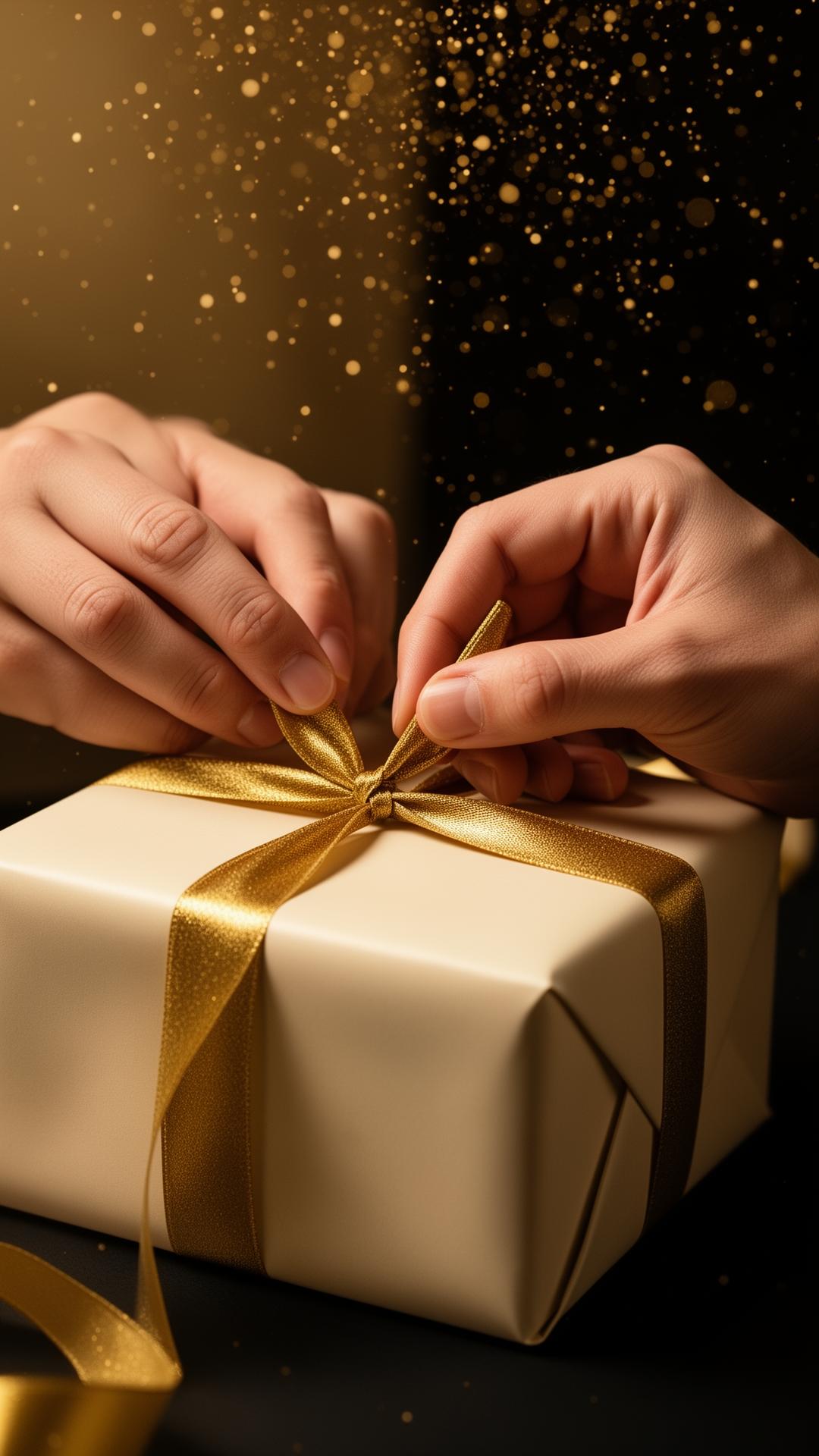 Hands wrapping a custom gift with gold ribbon